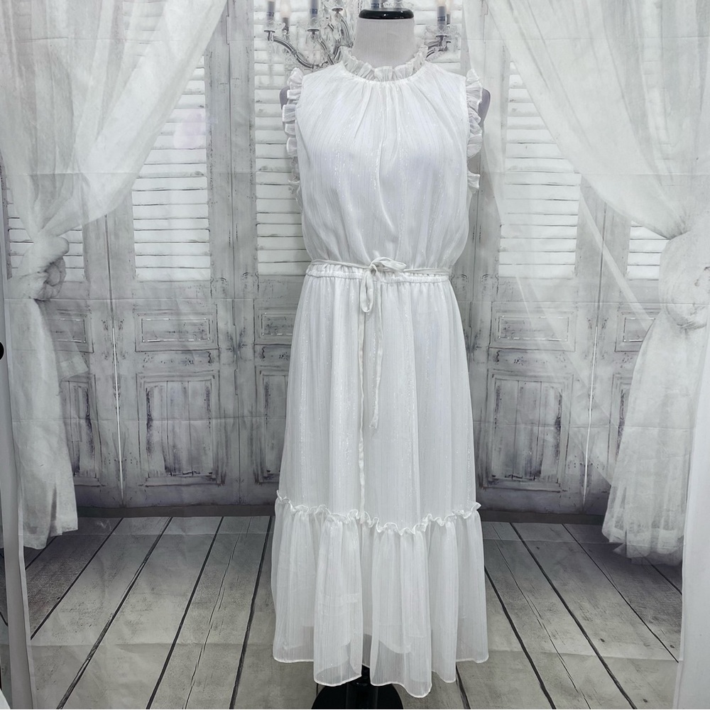 Leslie Fay Size 14 White Silver Striped Sleeveless Dress Mock Neck Ruffle NWOT